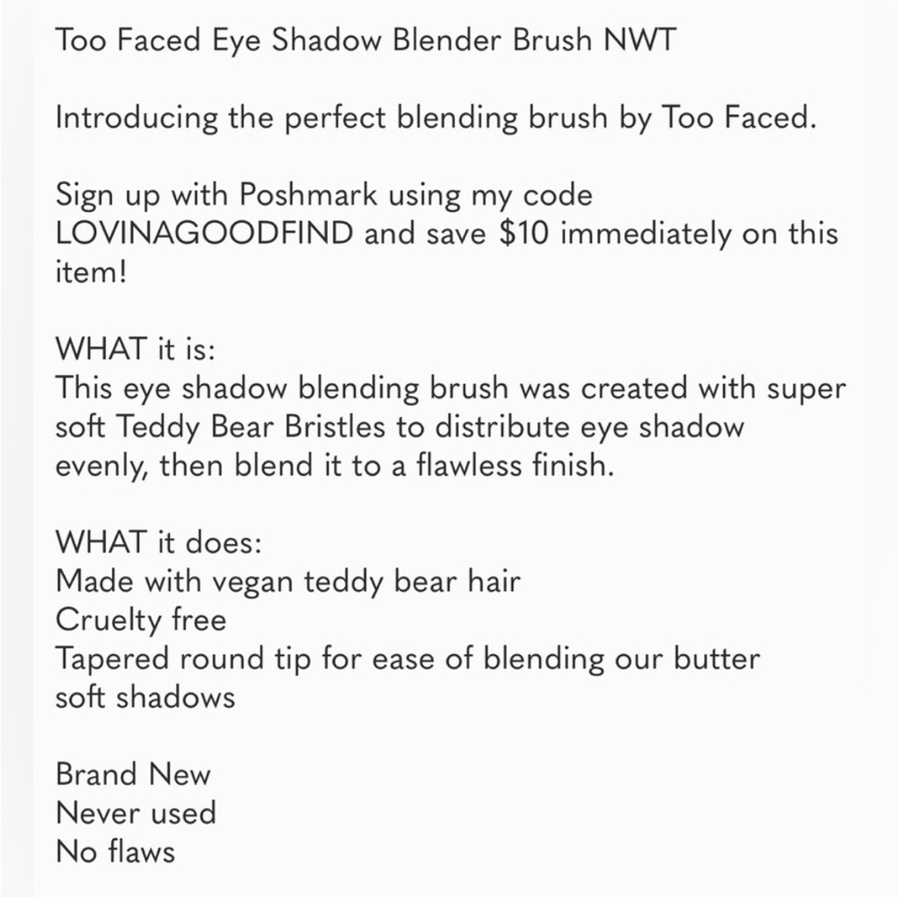 Too Faced Eye Shadow Blender Brush NWT - Picture 2 of 5